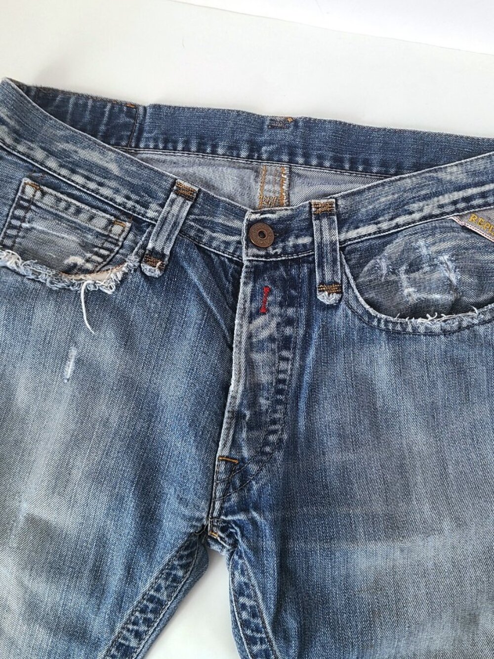 Replay Vintage Sabik Straight Leg Denim Jeans 33x32 Button Fly Stitching